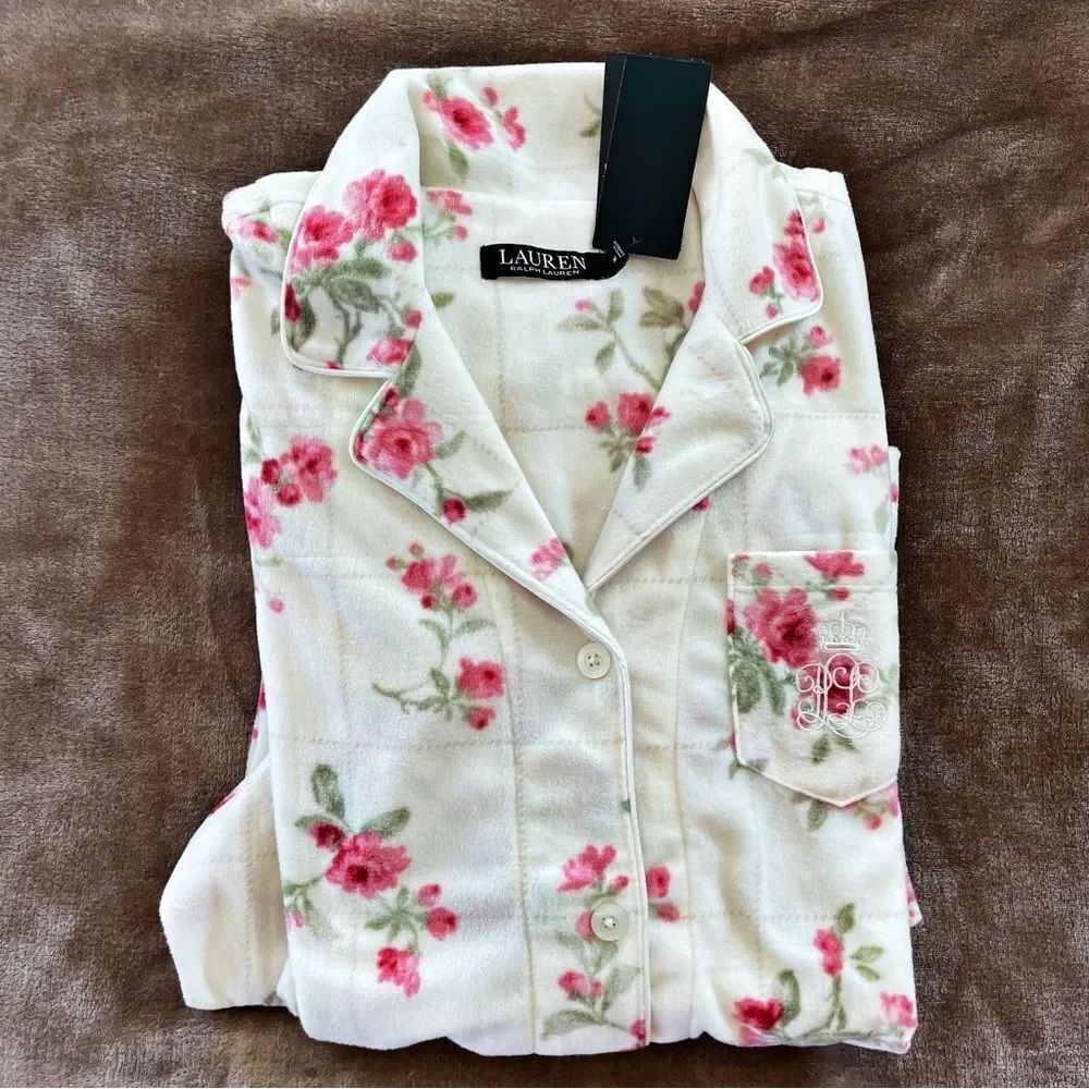 Ralph Lauren White Pajama Set with Pink Floral Flannel Shabby Chic Luxury Size M